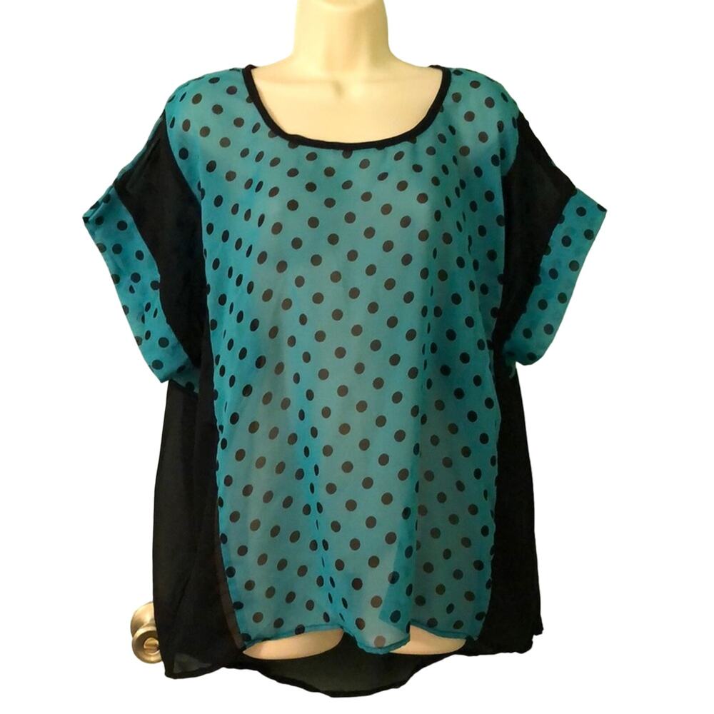 Cassee’s Teal & Black Polka Dot Blouse 2X Sheer Chiffon